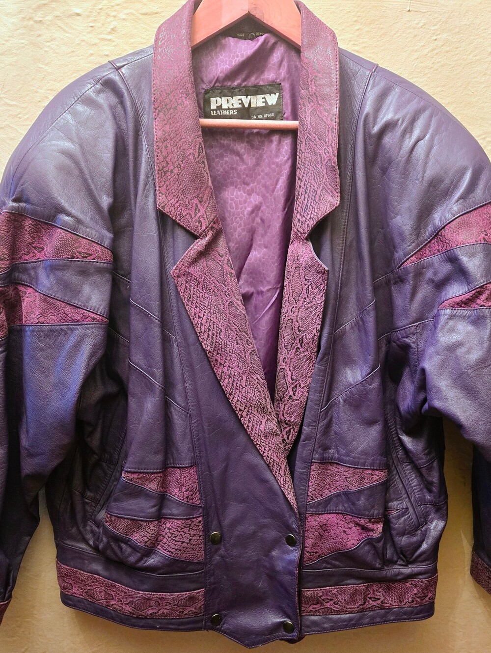 Vintage Preview Purple Leather Jacket Snake Print 80s 90s Oversized